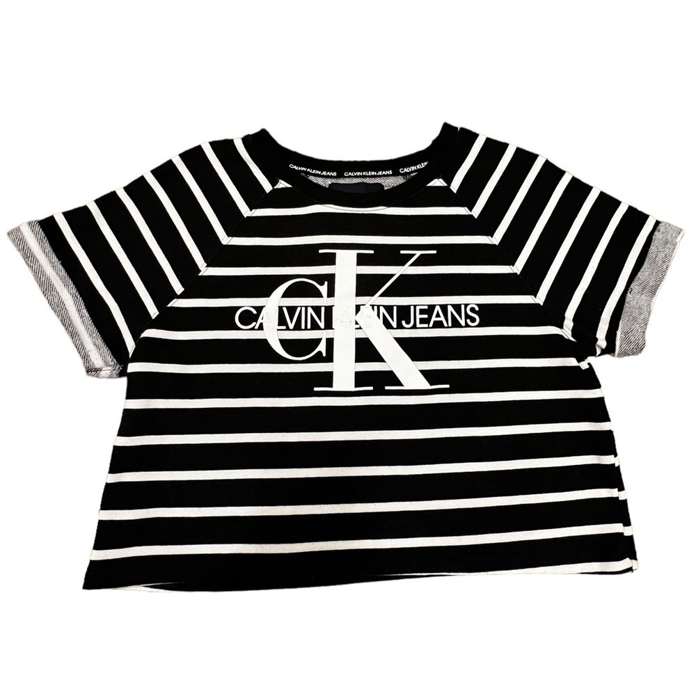 CALVIN Klein Black Striped Cotton Blend Boat Neck Short Sleeve Crop Top, Size M
